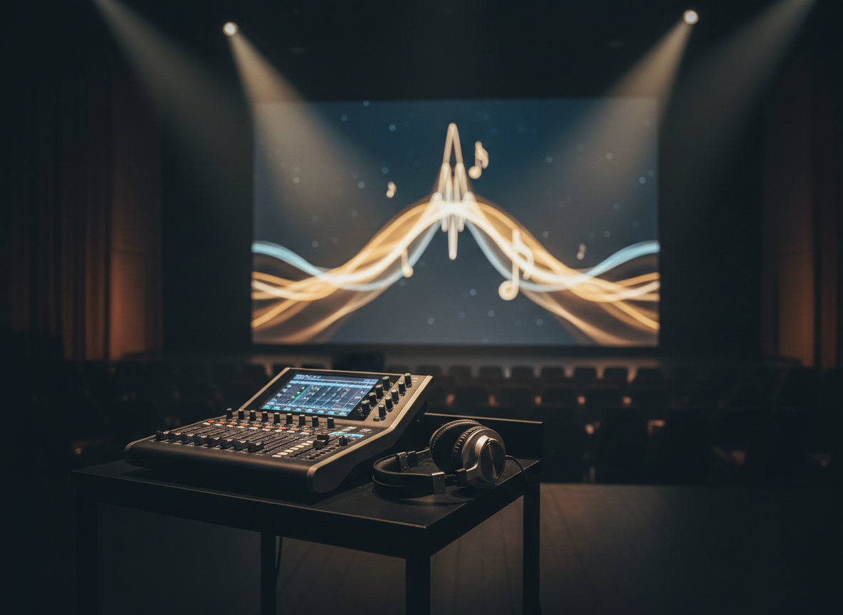A minimalist stage setup with a single, high-quality digital audio mixer and a pair of sleek studio headphones resting on a narrow black podium. Behind them, a large, translucent LED screen displays abstract waves of soft gold and deep blue light, subtly forming the shape of sound waves rising upward. The setting is a dimly lit auditorium, seats blurred in the distance. Focused spotlights from above cast controlled highlights on the equipment, creating a sophisticated contrast against the darker background. Photographic realism at a slightly elevated angle, with a crisp foreground and gentle bokeh. The atmosphere feels expectant and spiritual, evoking prophetic worship gatherings and powerful events without showing any people.