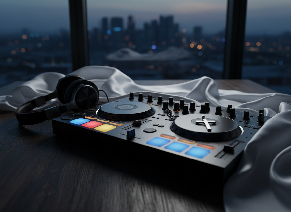 A dramatic still life of a professional DJ controller and a pair of worn, high-end over-ear headphones placed on a dark wooden table, partially wrapped by a delicate, flowing white cloth symbolizing transformation. The controller’s colorful pads are dimly lit, while a polished silver cross pendant rests gently on one of the jog wheels. A distant city skyline is faintly visible through a large window in the blurred background. Soft, directional side lighting creates deep contrasts, subtle reflections on metal surfaces, and a moody yet hopeful atmosphere. Captured in photographic realism from a low, cinematic angle, the composition suggests a journey from nightlife and EDM culture to a refined, prophetic calling.